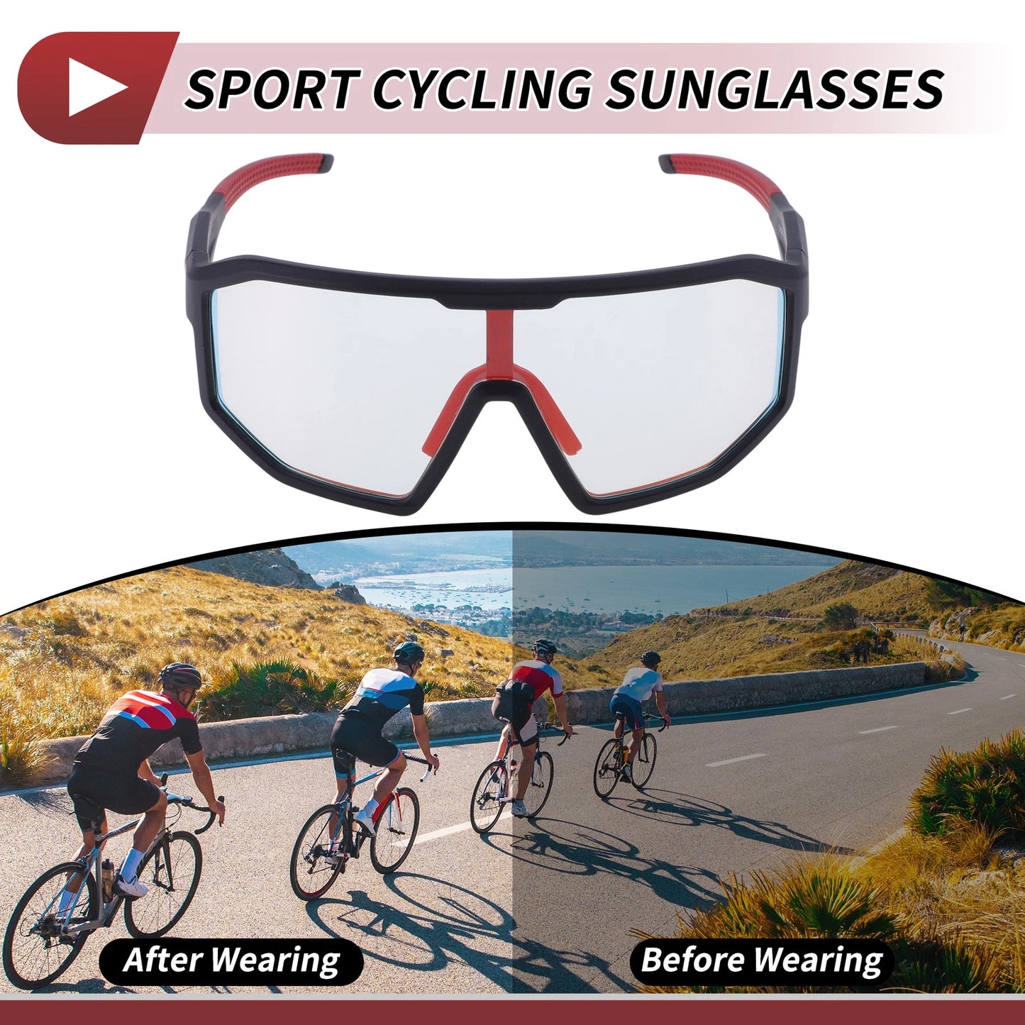 Riding Goggles Light Red Lens Black Frame PC for Motorcycle