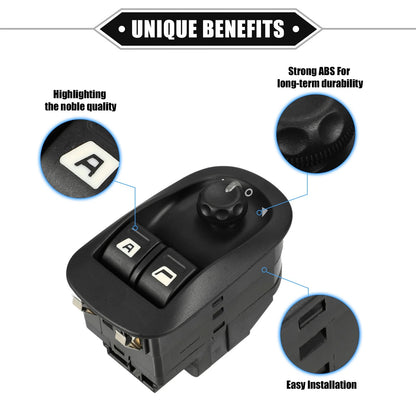 Power Mirror Control Switch for Peugeot 206 (2000-2009) Black Plastic