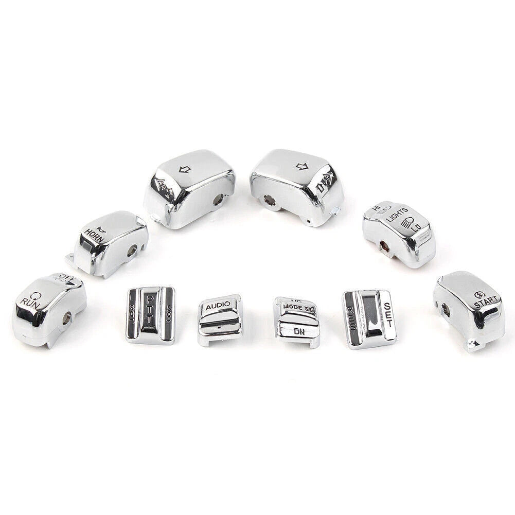 Chrome 10pc Hand Control Switch Housing Button Cap Set for Harley Touring (1996-2013)