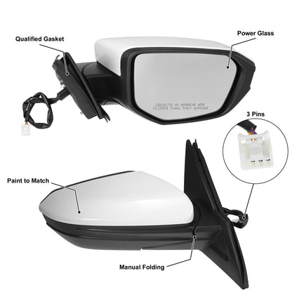 3 Pin Right Side Exterior Door Mirror Assembly White for Honda Civic (2016-2021)