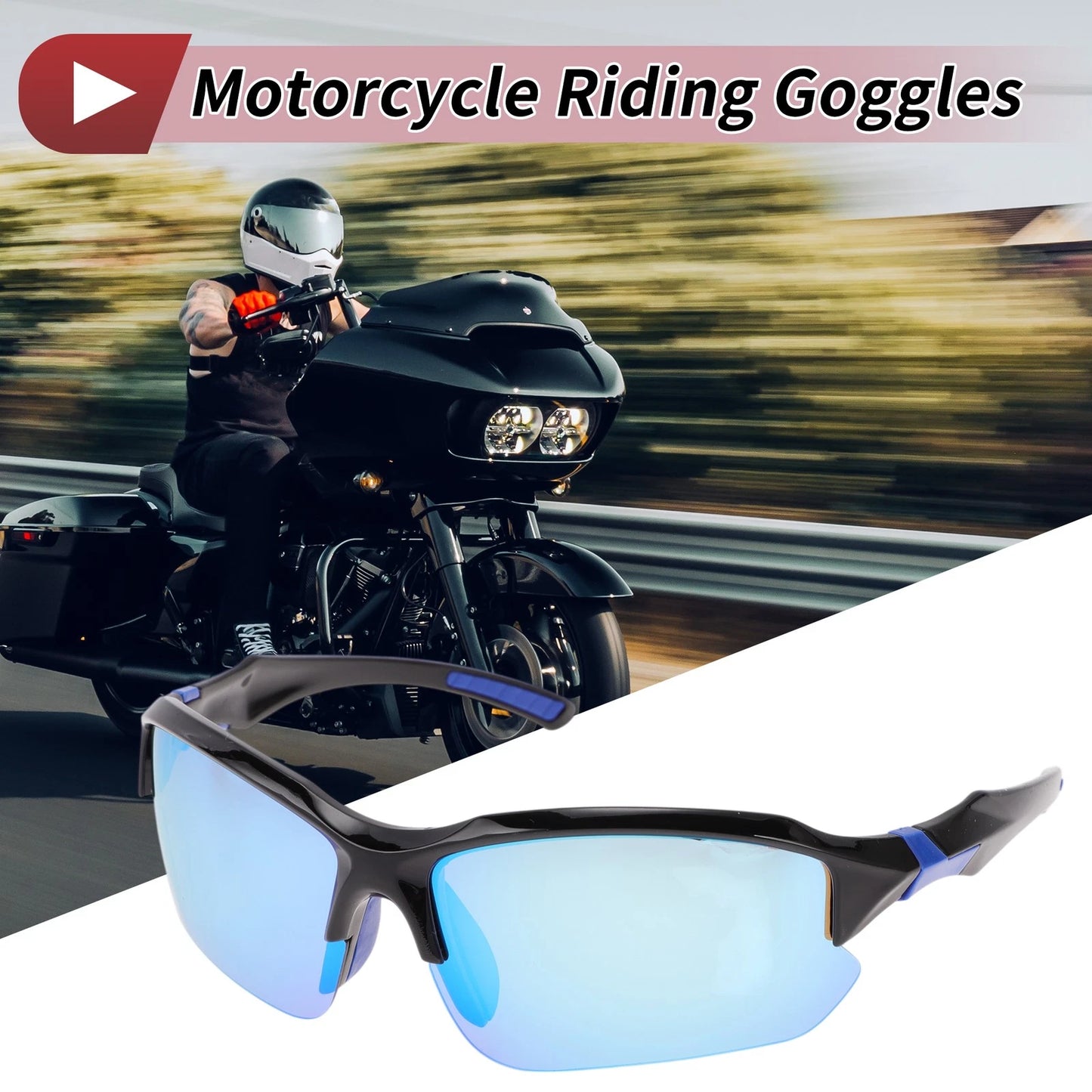 Motorcycle Riding Goggles Light Blue Lens Black Blue Frame Tri-acetel Cellulose