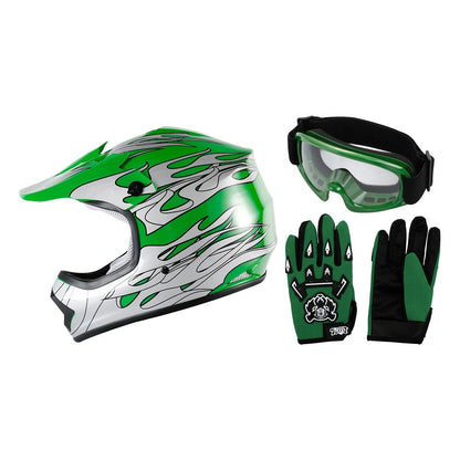 Green Flame Dirt Bike ATV Motocross Helmet + Goggles Gloves (Youth)