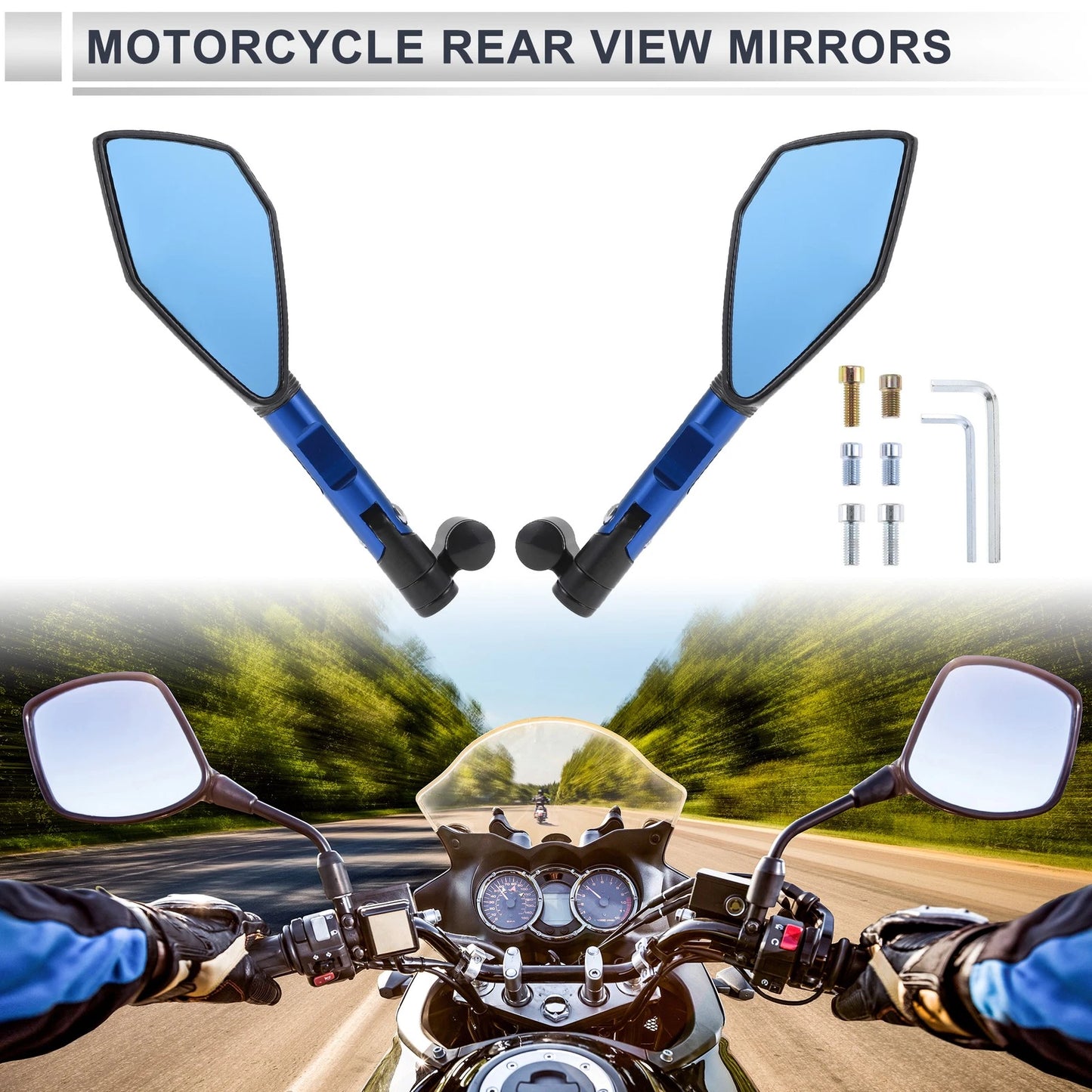 Rear View Mirrors Black Blue Aluminum Alloy 1 set for M8/M10
