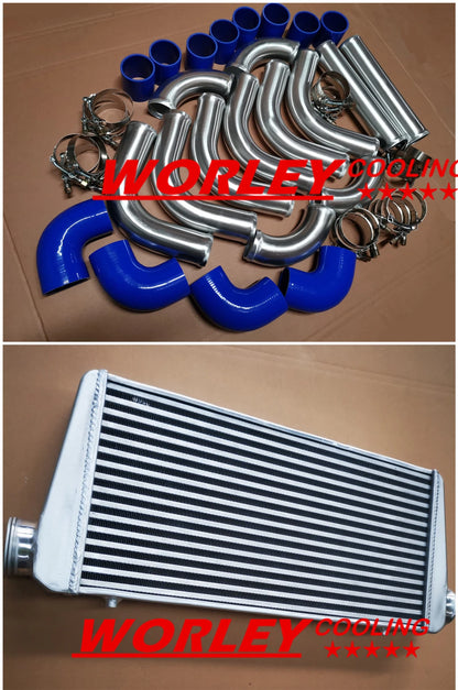 600x300x76mm Front Mount Intercooler + 3" Pipes + Blue Hoses