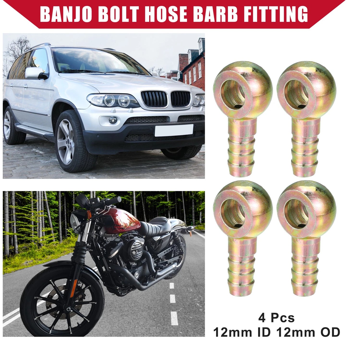 Banjo Bolt Hose Barb Fitting / 4 Pcs / Banjo Bolt Fitting for Car Motorcycle
