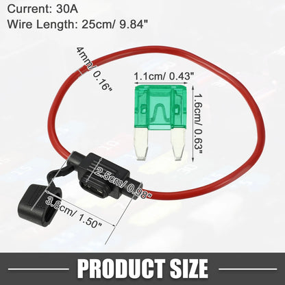 30A Mini Blade Style Fuse Set with 12 AWG Holder for Car