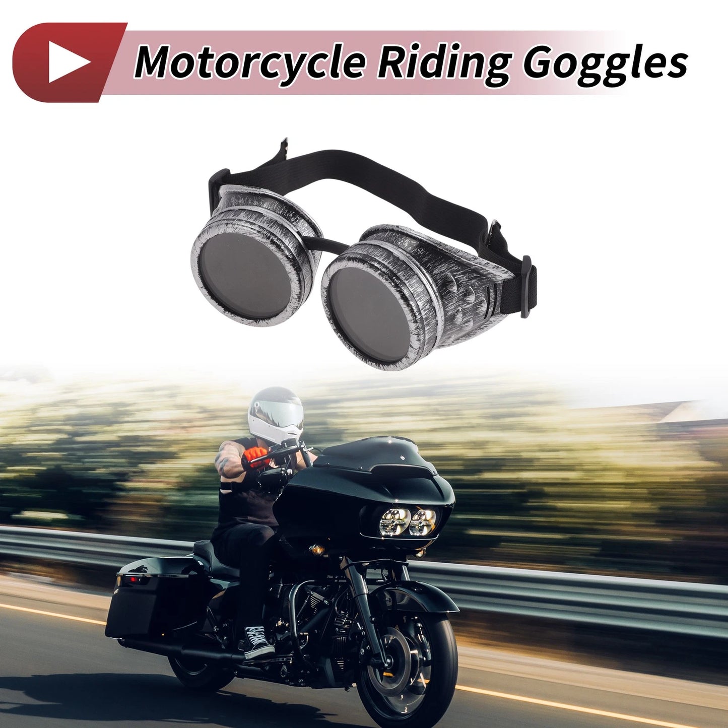 1 Pc Motorcycle Goggles Black Lens Silver Tone Frame Glass ABS for Universal