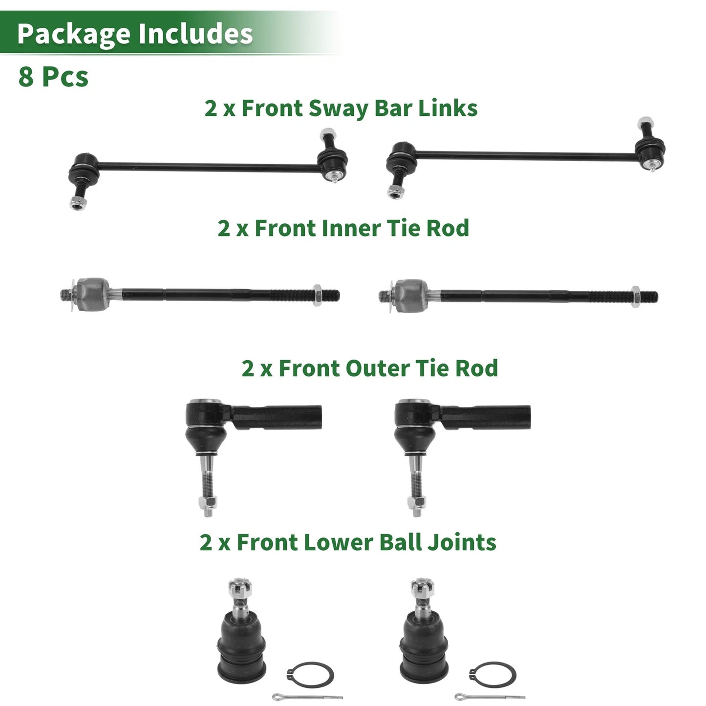 8pcs Front Suspension Kit Tie Rod End & Sway Bar Link for Dodge Caravan