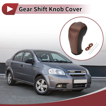 Gear Shift Knob Cover Brown Carbon Fiber Faux Leather for Chevrolet