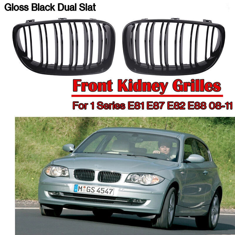 2 x Front Kidney Grille for BMW 1 Series E81 E82 E87 E88 (2007-2013) Gloss Black