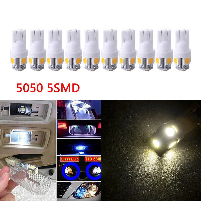 10x T10 LED Bulbs for Car Interior License Lights - 2825 192 194 5050 White