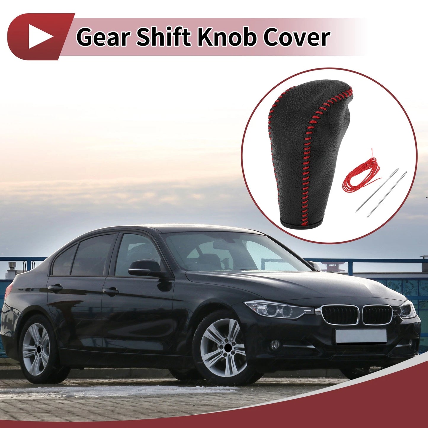 Car Gear Shift Knob Cover for BMW 3 Series E90 2004-2012 Black Red Faux Leather