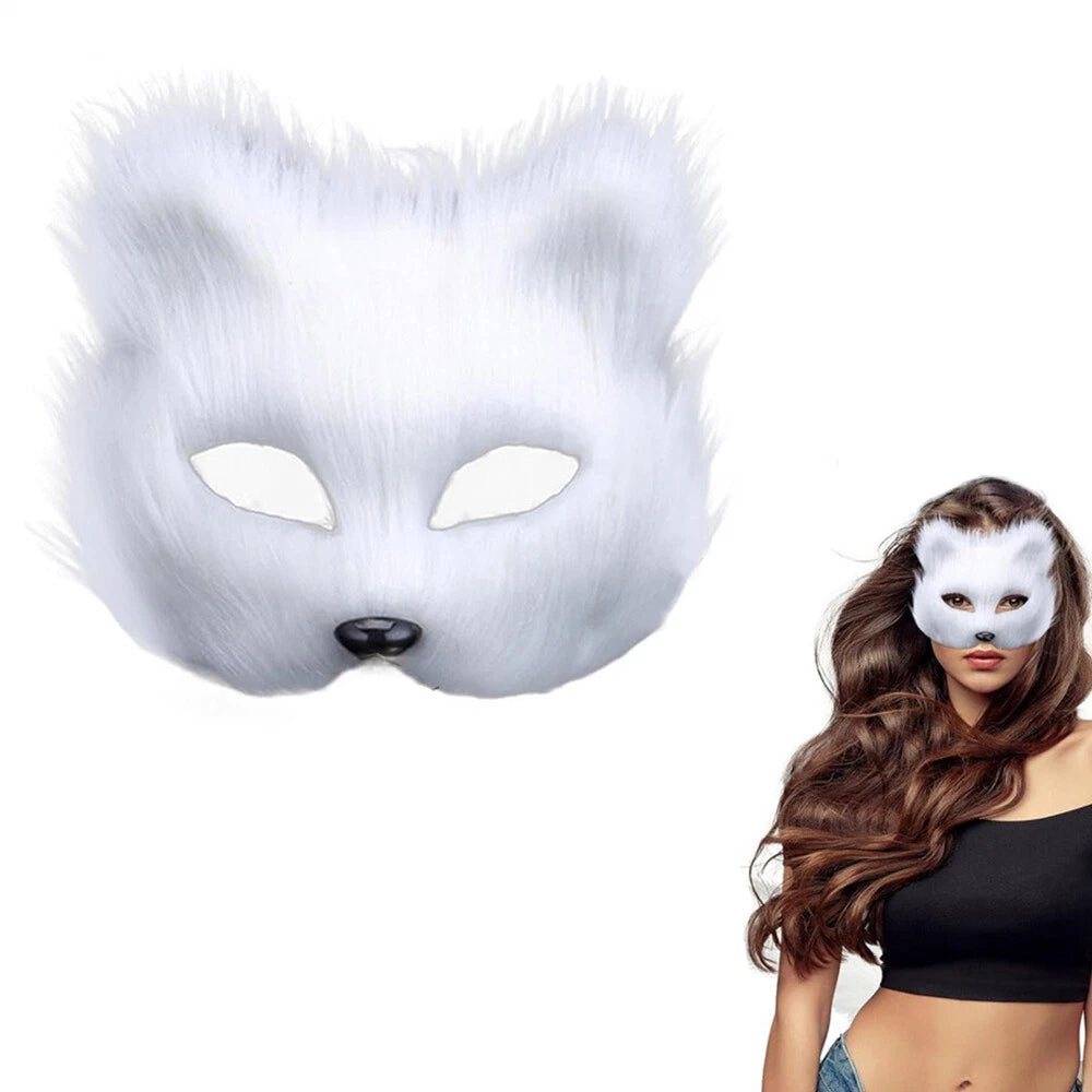 Plush Fox Mask for Halloween Costume Party, White