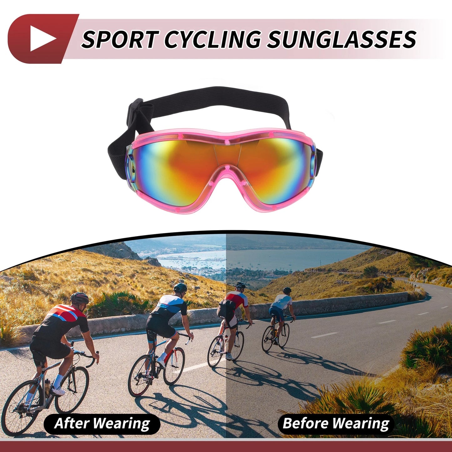 Motorcycle Riding Goggles Red Lens Pink Frame PC PU Cycling Sunglasses