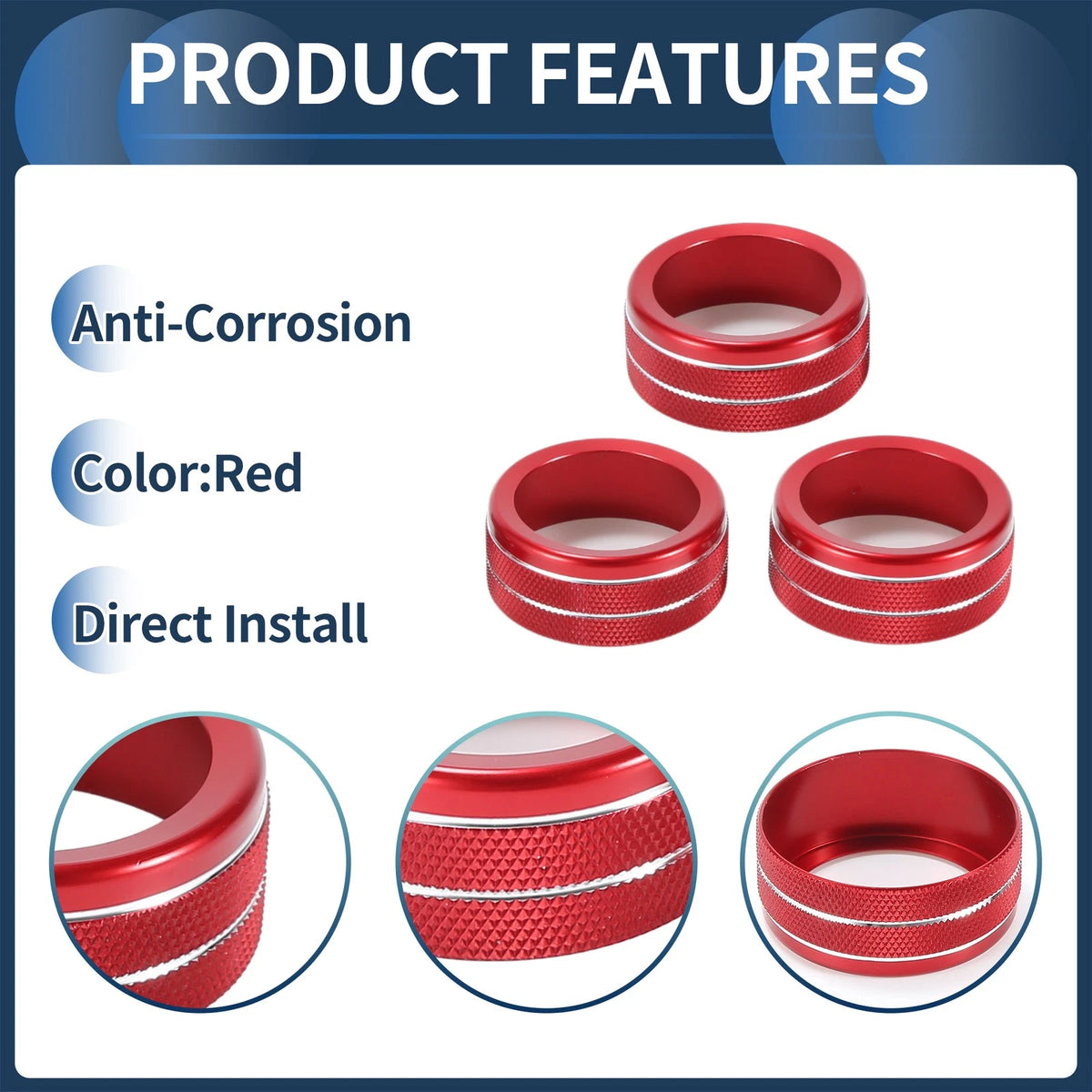 Red 3 x AC Media Volume Switch Knob Cover Ring for Honda CR-V (2023-2024)