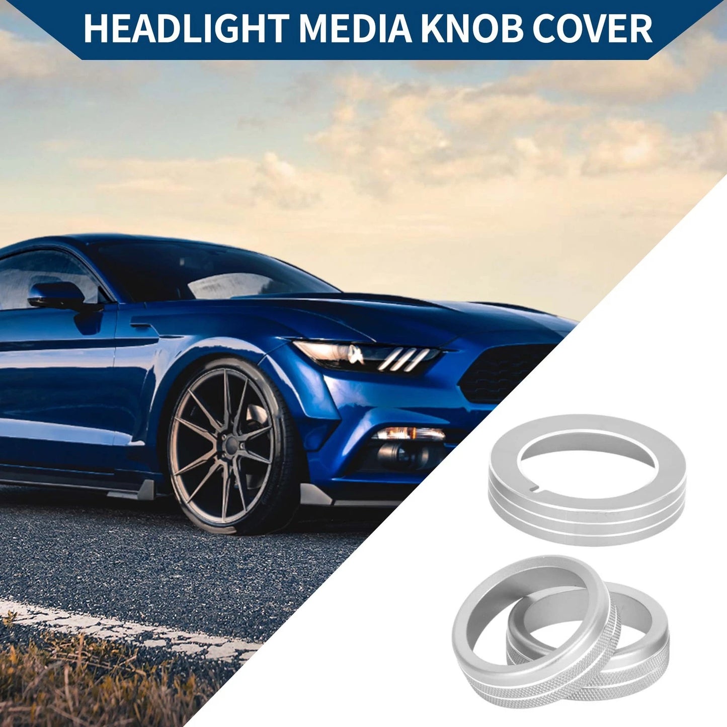 3 x Headlight Media Tune Knob Covers for Ford Mustang (2015-2021) Silver Tone