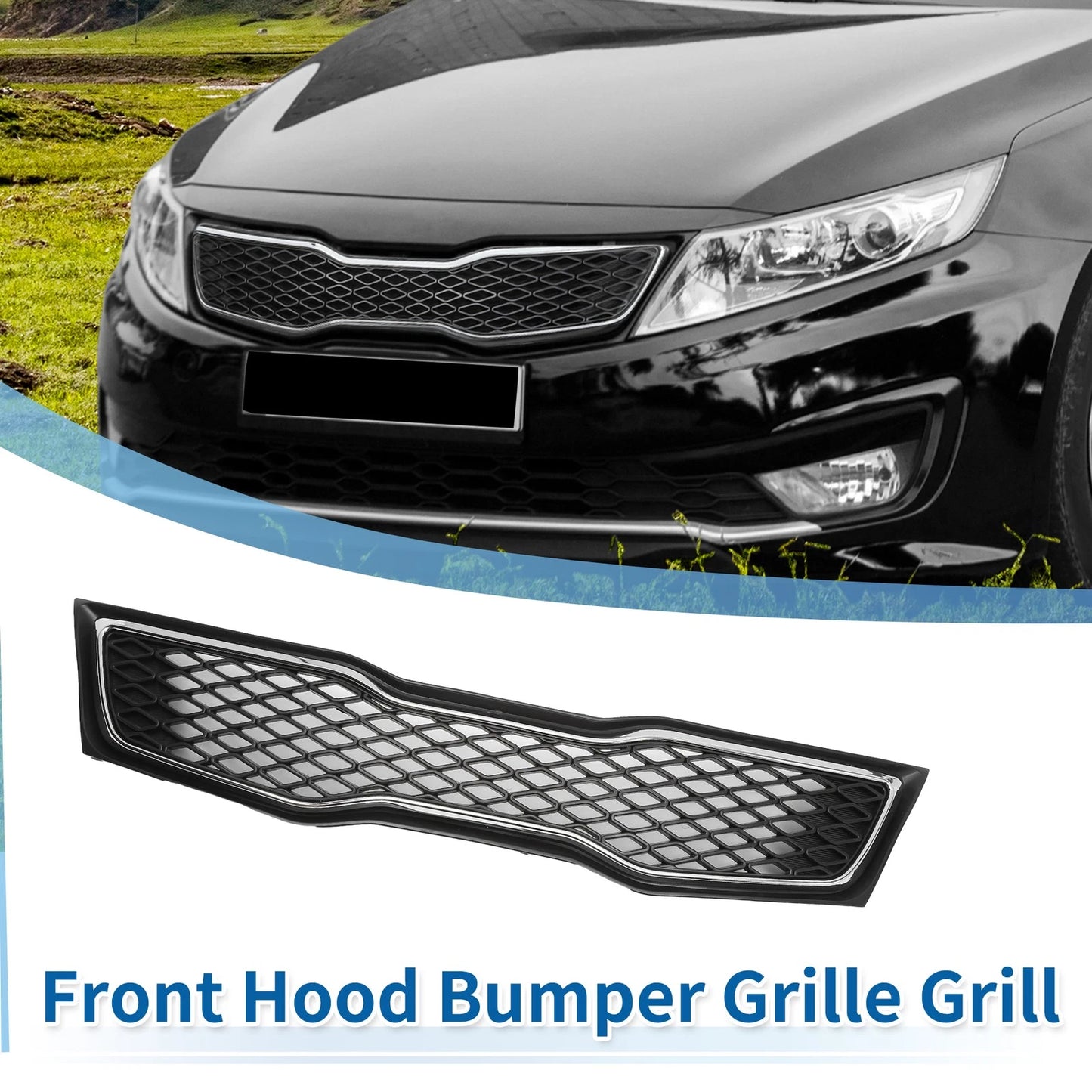 Front Upper Bumper Grille for Kia Optima (2011-2013) Black Chrome Silver Tone
