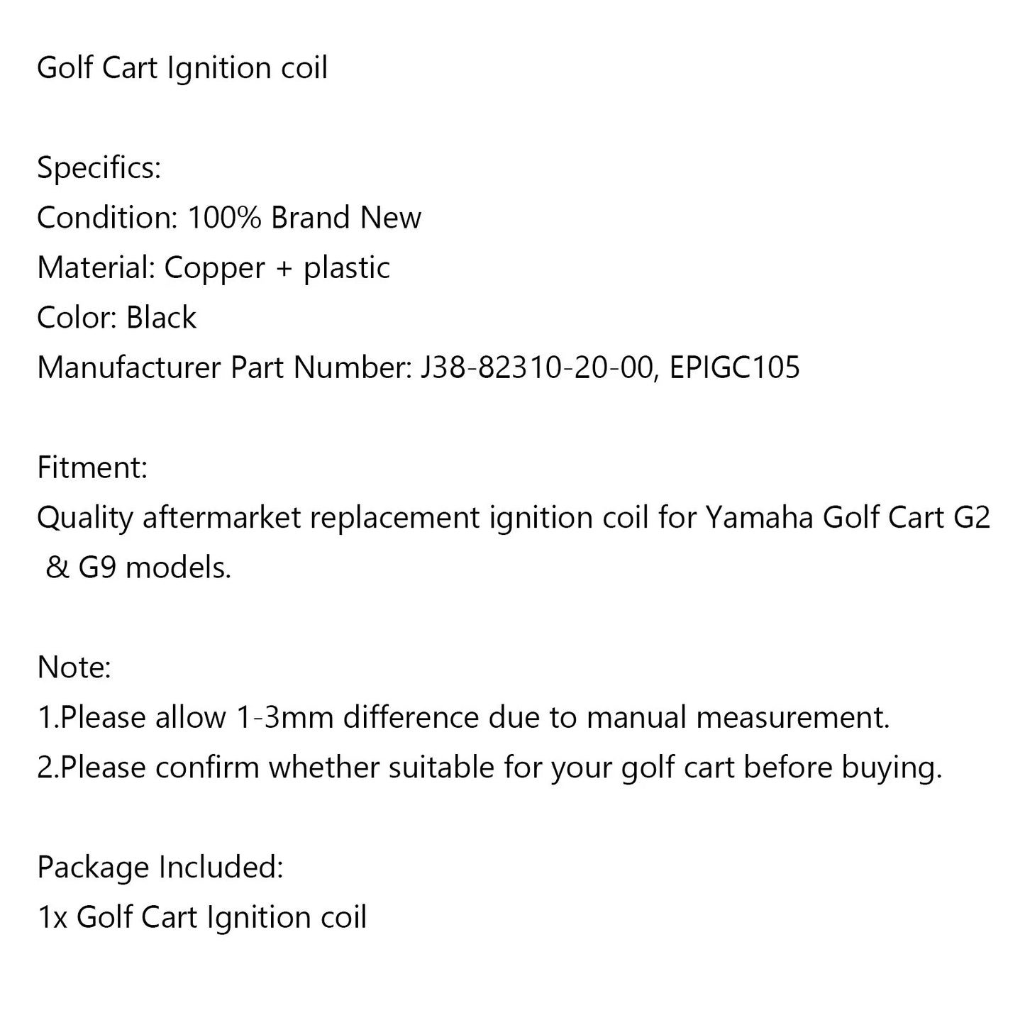 Ignition Coil for Yamaha Golf Cart G2 G9 G11 (1991-1996)