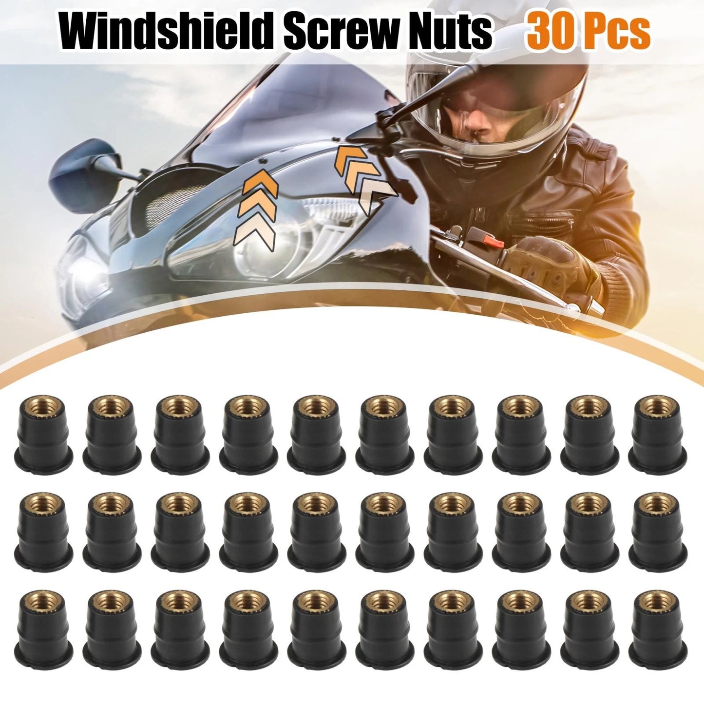 30pcs M6 Convex Black Rubber Windshield Screws Bolts Nut for Motorcycle