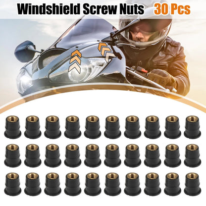 30pcs M6 Convex Black Rubber Windshield Screws Bolts Nut for Motorcycle