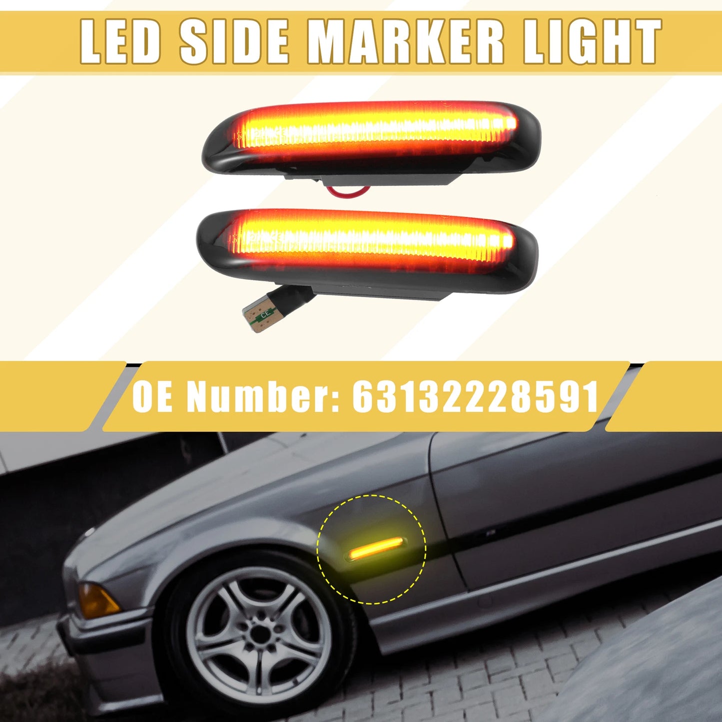 Front LED Side Marker Light for BMW Black Lens Amber Light 2 x 63132228591