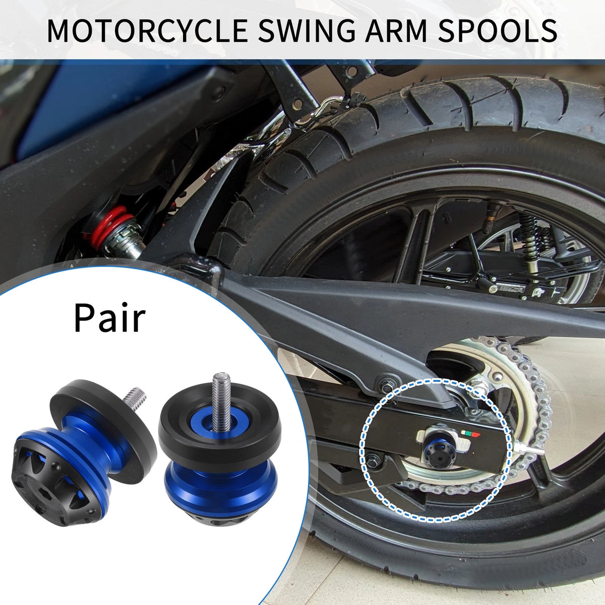 1 Pair Swingarm Spools 6mm M6x1.0 for Motorcycles Aluminum Alloy Blue Black