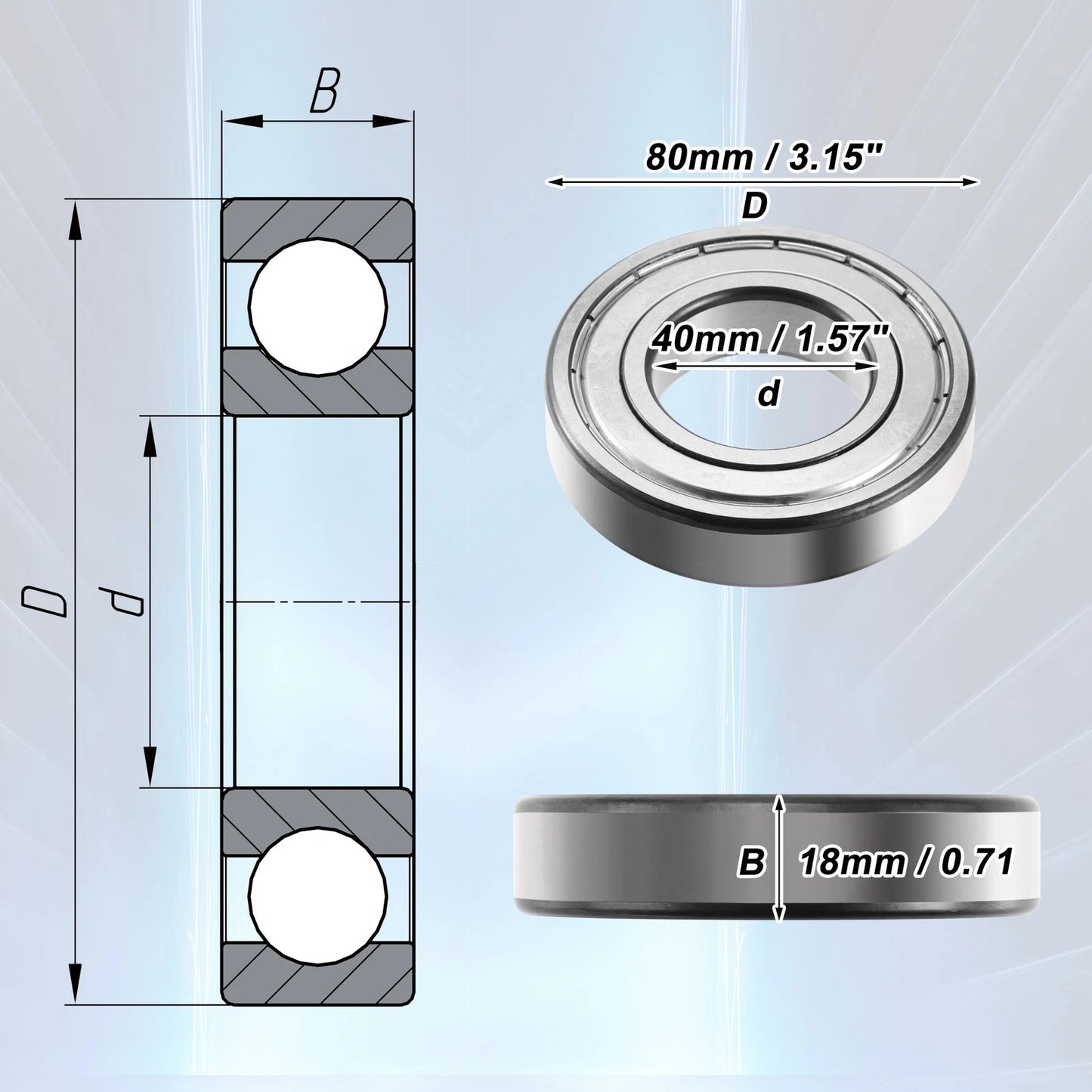 2 x 6208ZZ 40x80x18mm Car Single Row Deep Groove Ball Bearings Silver Tone