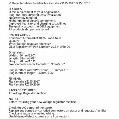 Voltage Regulator Rectifier for Yamaha YS125, FZ150 (2016-2017)
