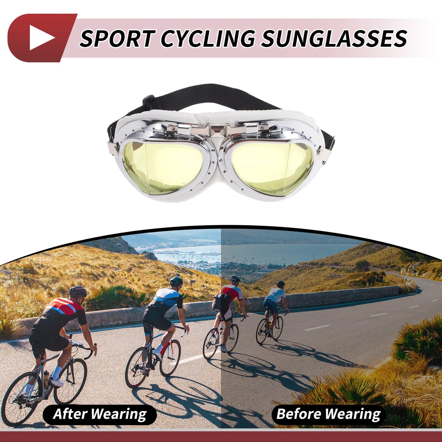 1 Pc Motorcycle Riding Goggles Yellow Lens White Silver Tone Frame PC PU Sponge