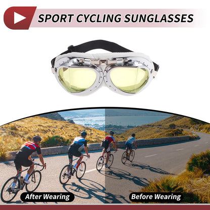 1 Pc Motorcycle Riding Goggles Yellow Lens White Silver Tone Frame PC PU Sponge
