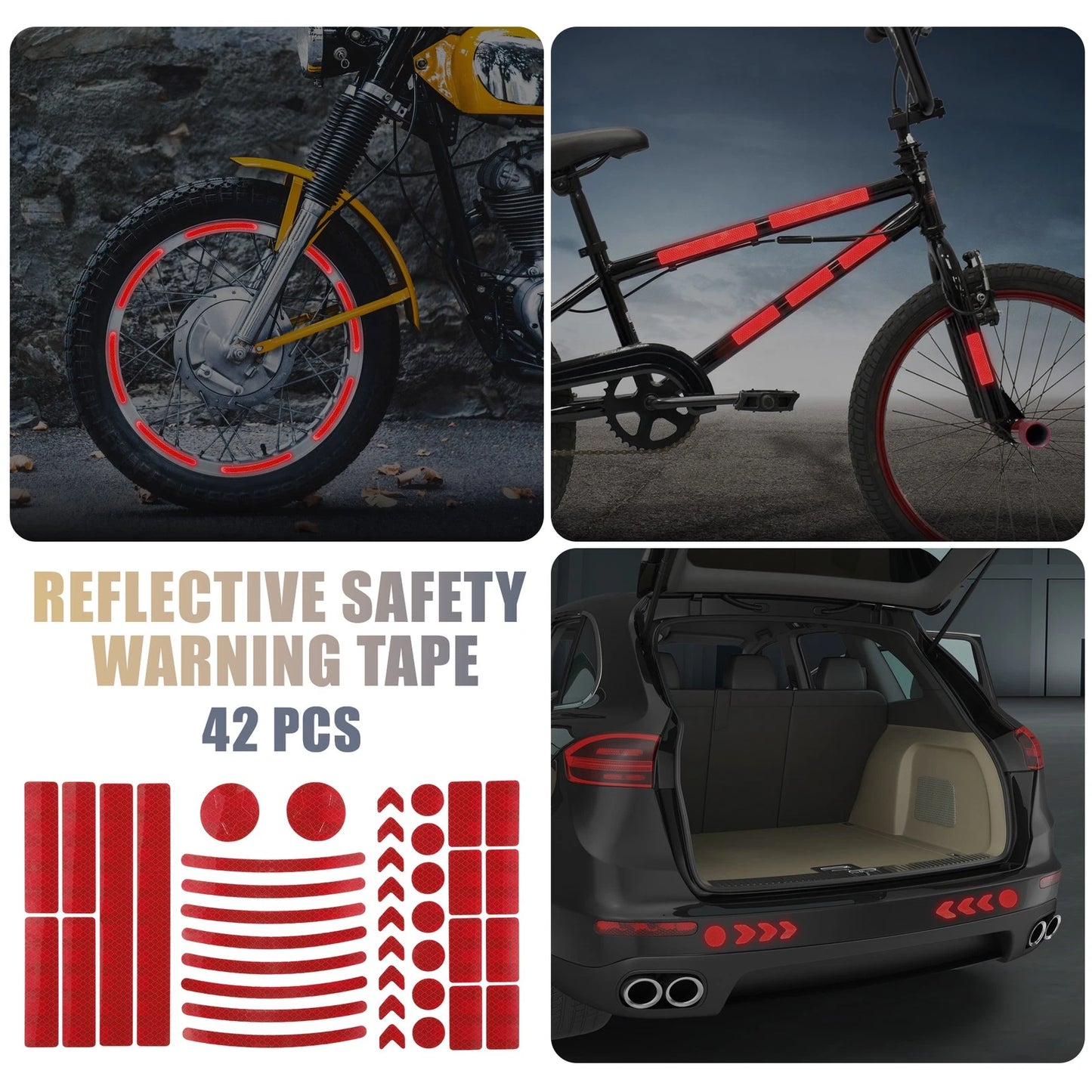 42pcs Reflective Safety Warning Tape PET Red for Bike Motorcycles