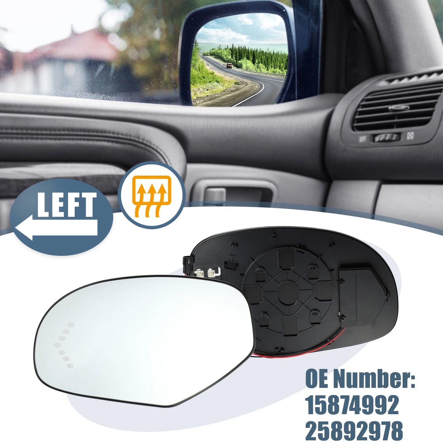 Heated Driver Left Side Mirror Glass for Chevy Silverado Suburban Avalanche