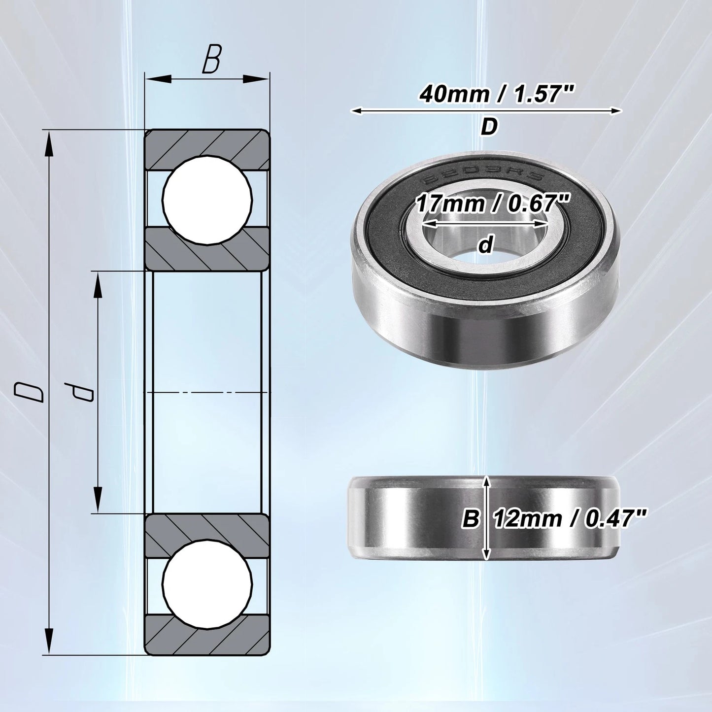 2 x 17x40x12mm Double Rubber Sealed Auto Deep Groove Ball Bearings