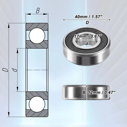 2 x 17x40x12mm Double Rubber Sealed Auto Deep Groove Ball Bearings