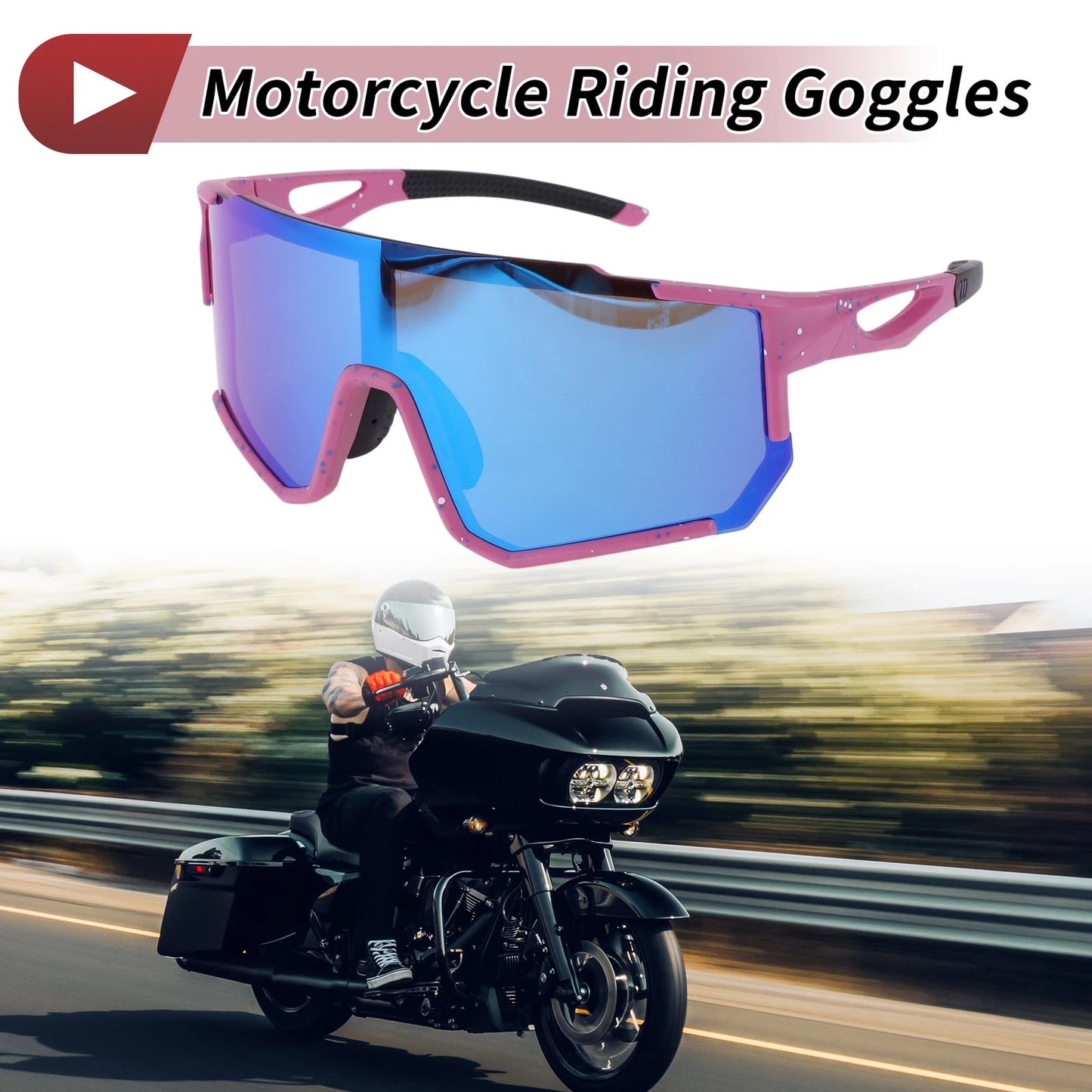 Motorcycle Riding Goggles Blue Pink with Blue and White Dots