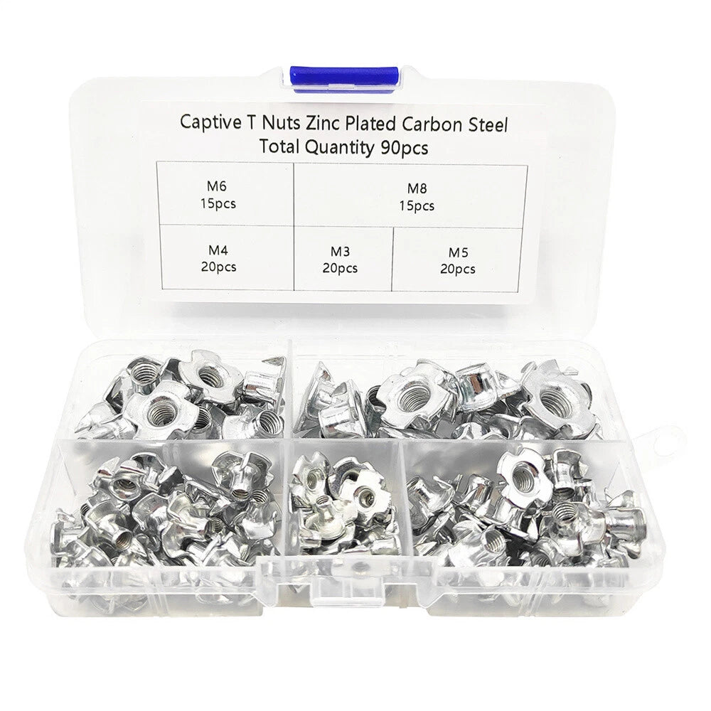 90Pcs Carbon Steel T-Nuts Assortment M3 M4 M5 M6 M8 for Various Applications