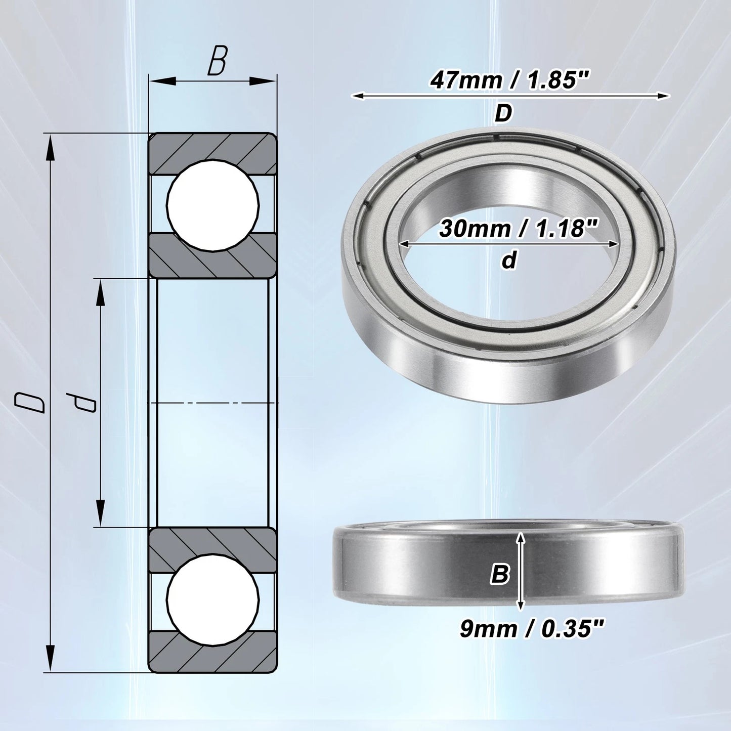 2 x 30x47x9mm Single Row Deep Groove Ball Bearings Silver Tone for Car