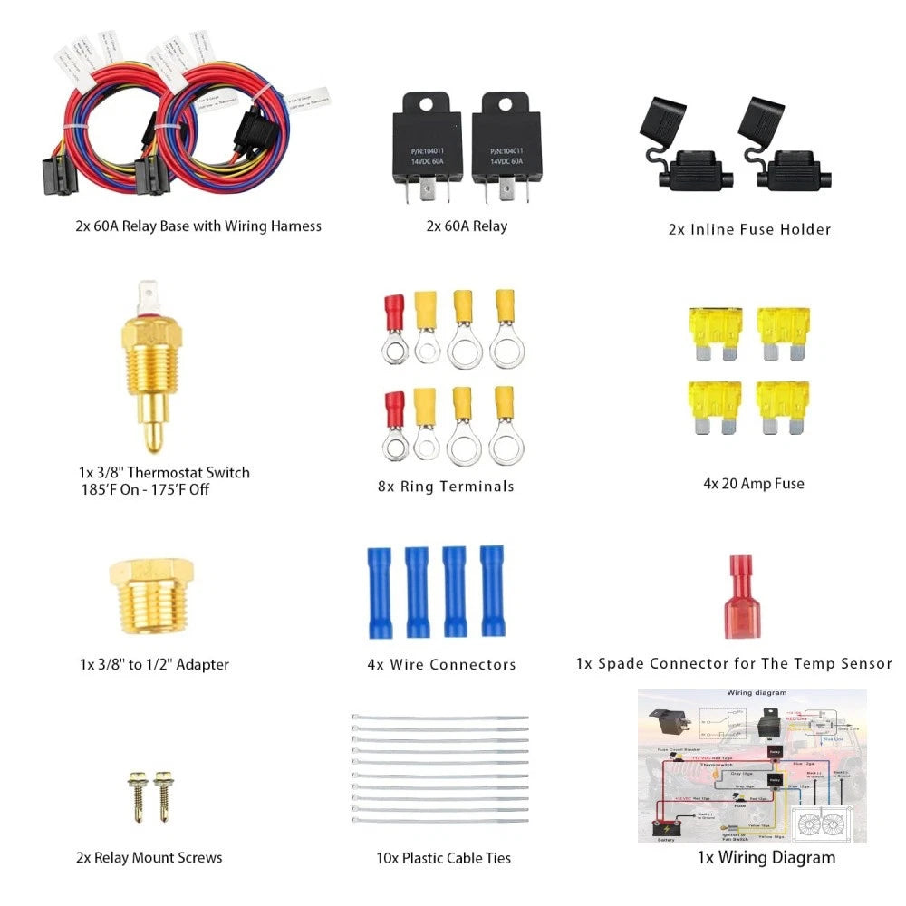 Dual Electric Fan Relay Kit for Radiator - Temperature Sensor Switch (N/A)
