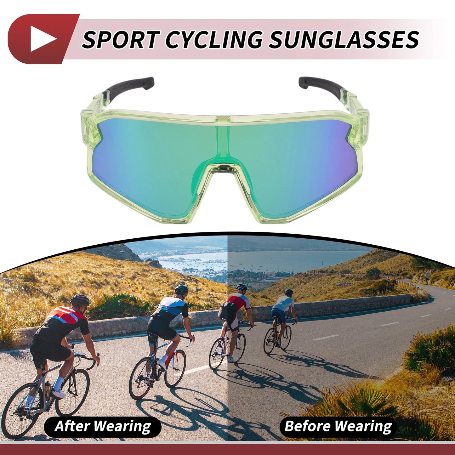 1 Set Motorcycle Riding Goggles Green Lens Clear Green Black Frame PC UV400