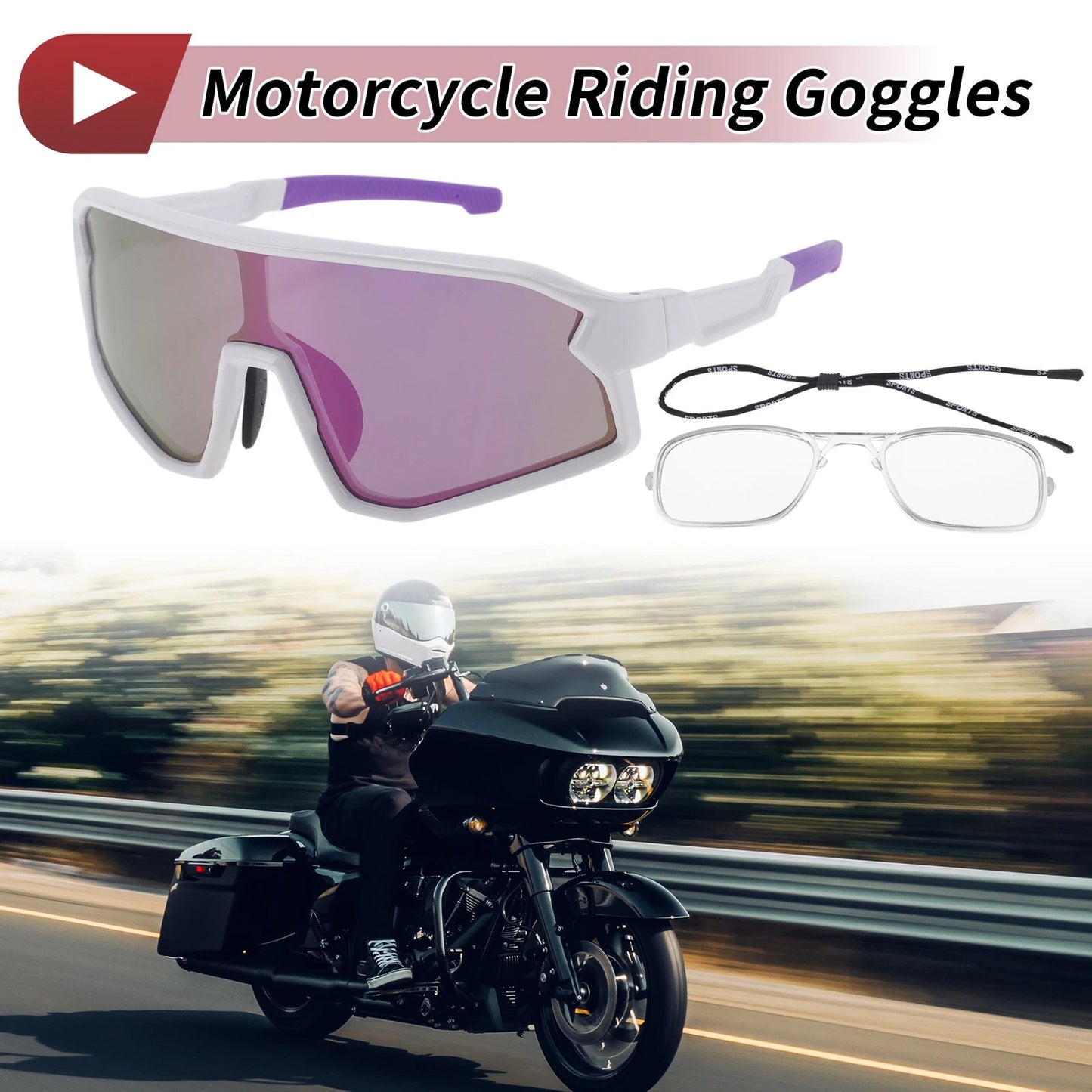 Motorcycle Riding Goggles Purple Lens White Purple Frame PC UV400