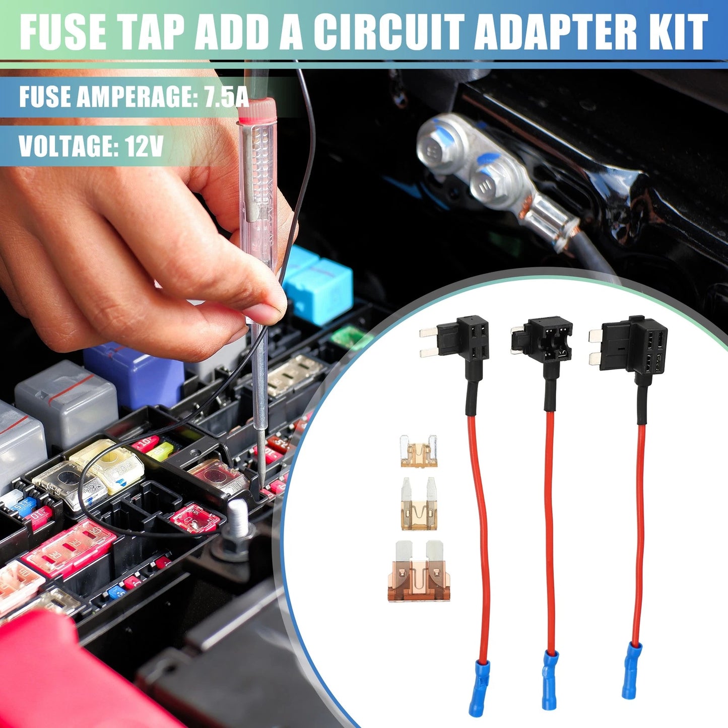 3 x Car Fuse Tap with 3 x 7.5A Mini Fuses for Various Makes & Models