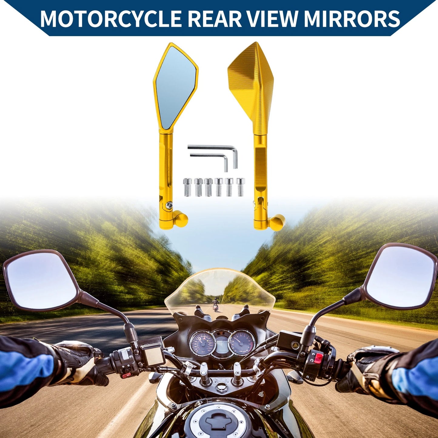 Rear View Mirror M8/M10 Prismatic Shape Gold Tone Aluminum Alloy for M8/M10
