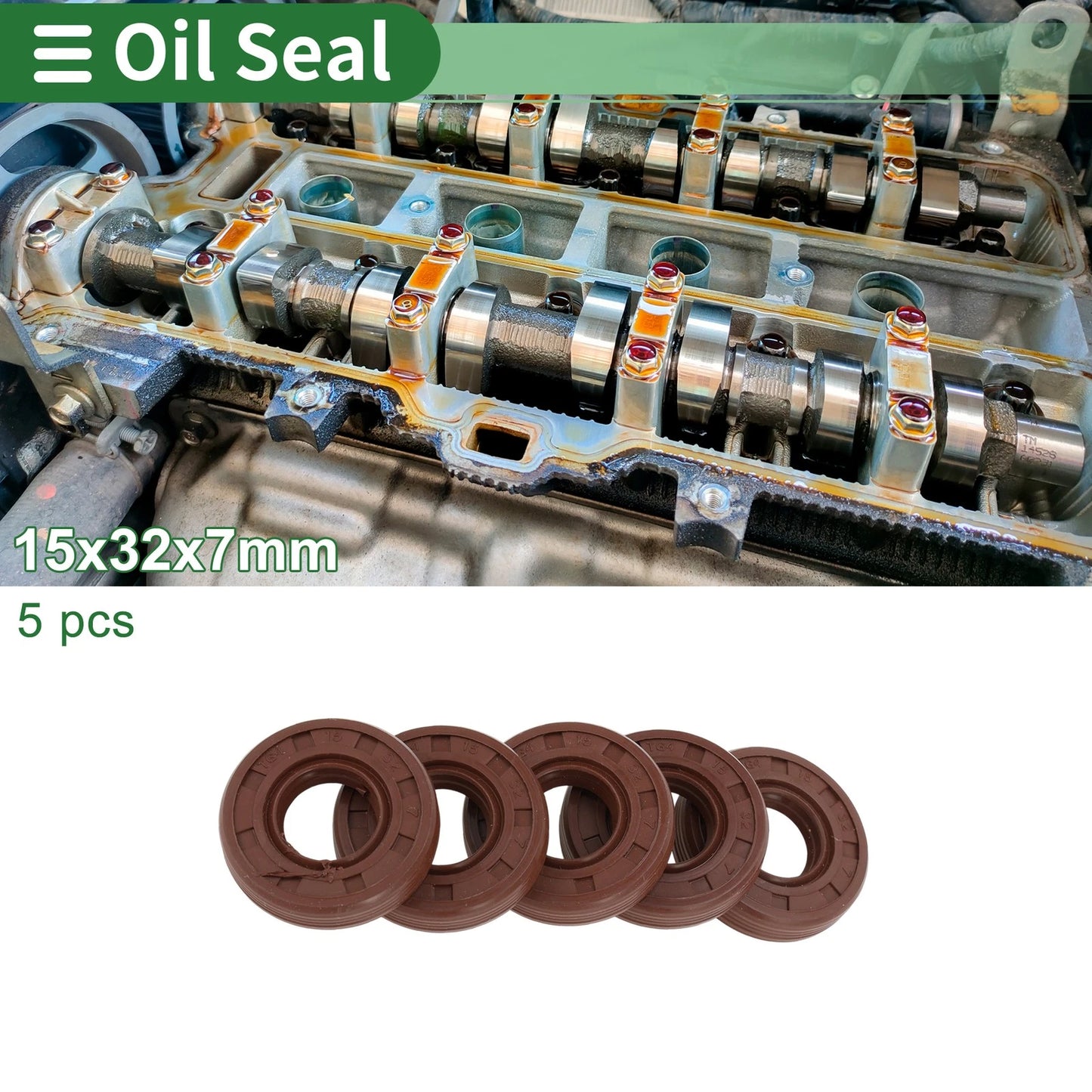 Oil Seal 15x32x7mm FKM Rubber High Pressure Brown 5 Pcs