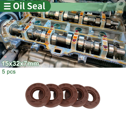 Oil Seal 15x32x7mm FKM Rubber High Pressure Brown 5 Pcs