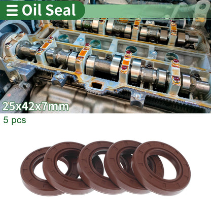 Oil Seal 5 Pcs Seal Ring Rotary Shaft Seal FKM Rubber 25x42x7mm Brown