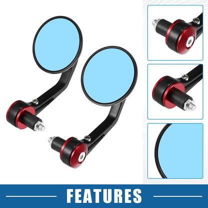 Handlebar End Rear View Mirrors 1 Pair Round Blue Lens Red for Motorcycle