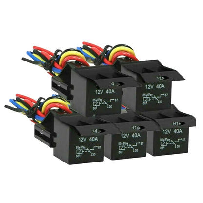 5 x 12V 40 Amp SPDT 5-Pin Automotive Relays with Wires & Harness Socket Set