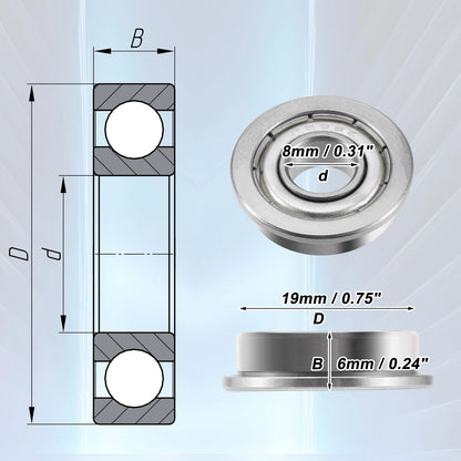 10 x 8x19x6mm Deep Groove Ball Bearings Flanged, Single Row