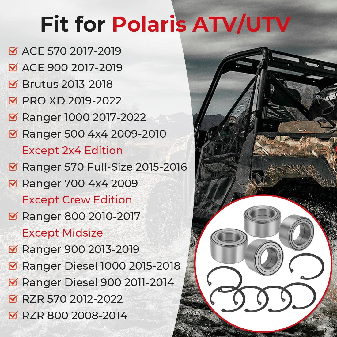 4 Front & Rear Wheel Bearings for Polaris Ranger 900 XP Crew (2013–2019)