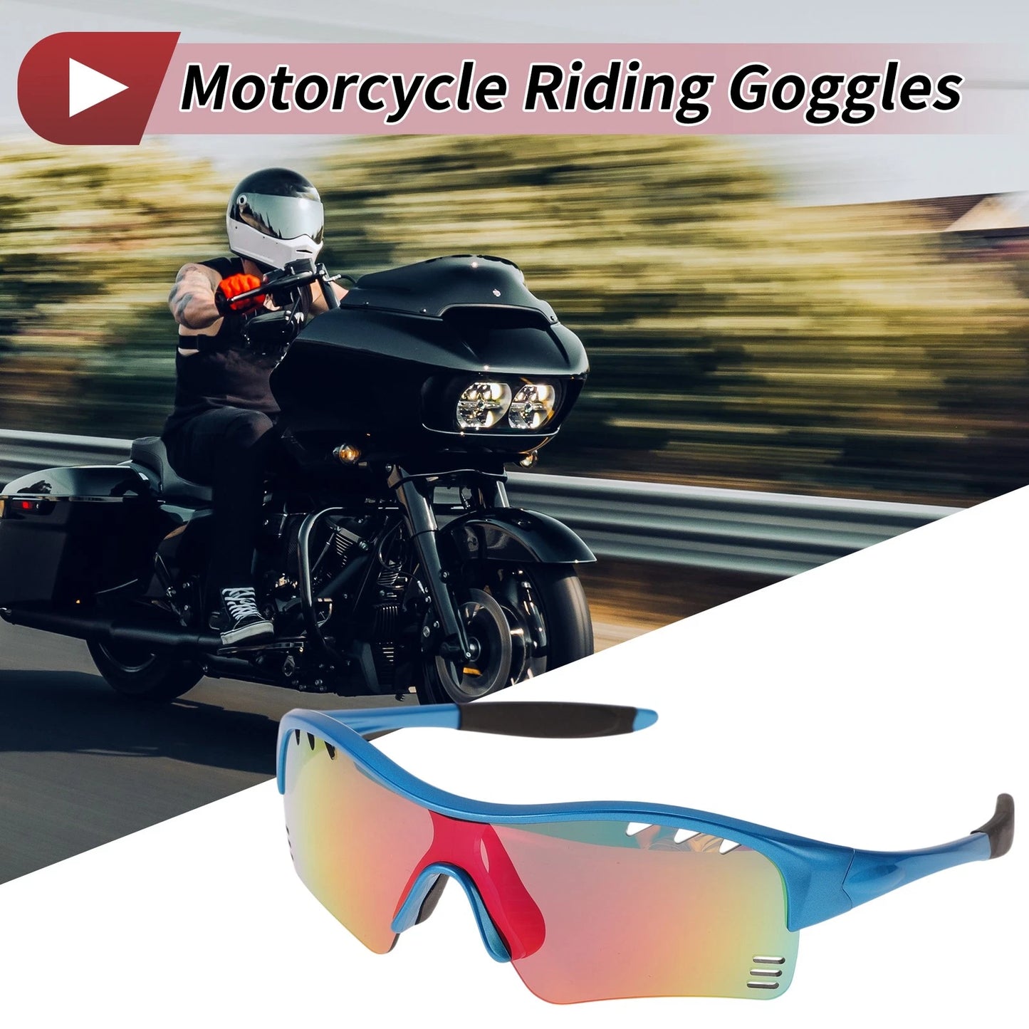 1 Set Motorcycle Riding Goggles Red Lens Blue Frame PC TPU Cycling Sunglasses